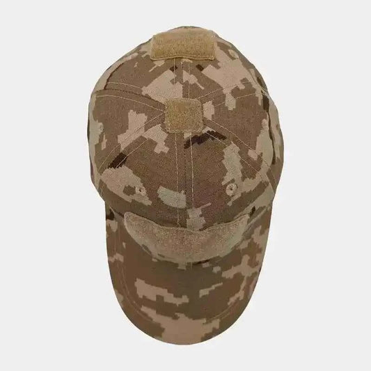 Gorra militar camuflaje pixelado marrón, panel con refuerzo y costuras