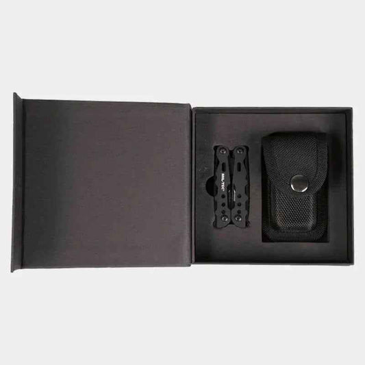 Funda negra abierta con compartimento para multiherramienta y accesorio