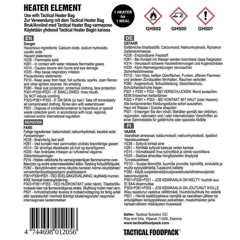 Activador para bolsa calentadora Tactical Foodpack: etiqueta HEATER ELEMENT y riesgos