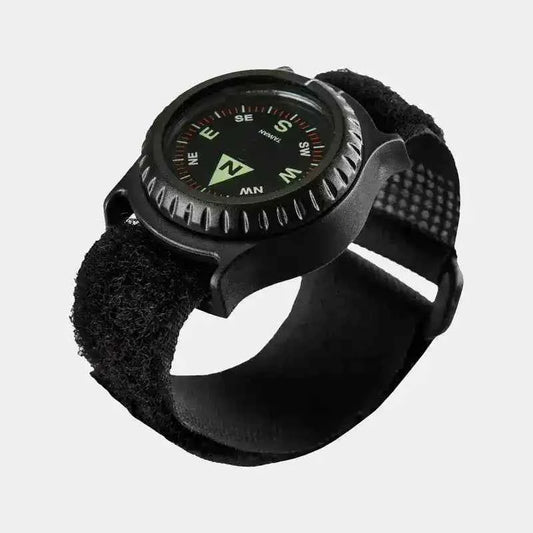 Brújula de pulsera Helikon-Tex con correa negra, brújula circular y relieve lateral