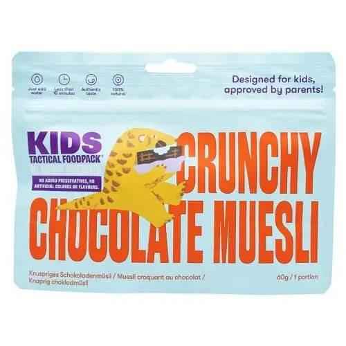 Paquete infantil de muesli crujiente de chocolate, en bolsa azul