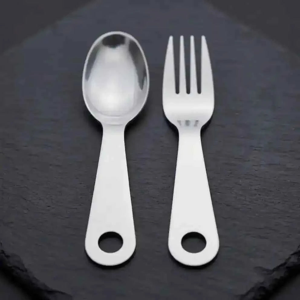 Cubiertos de camping de acero inoxidable: tenedor y cuchara con anilla