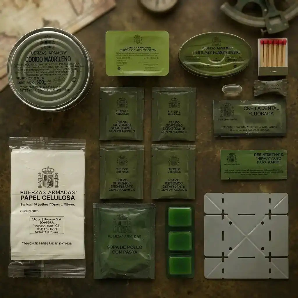 Raciones MRE de desayuno militar: paquetes verdes y blancos con componentes
