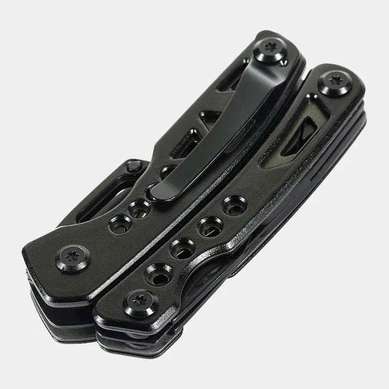 Multiherramienta M-TAC negra cerrada con corredera y tornillos de fijación