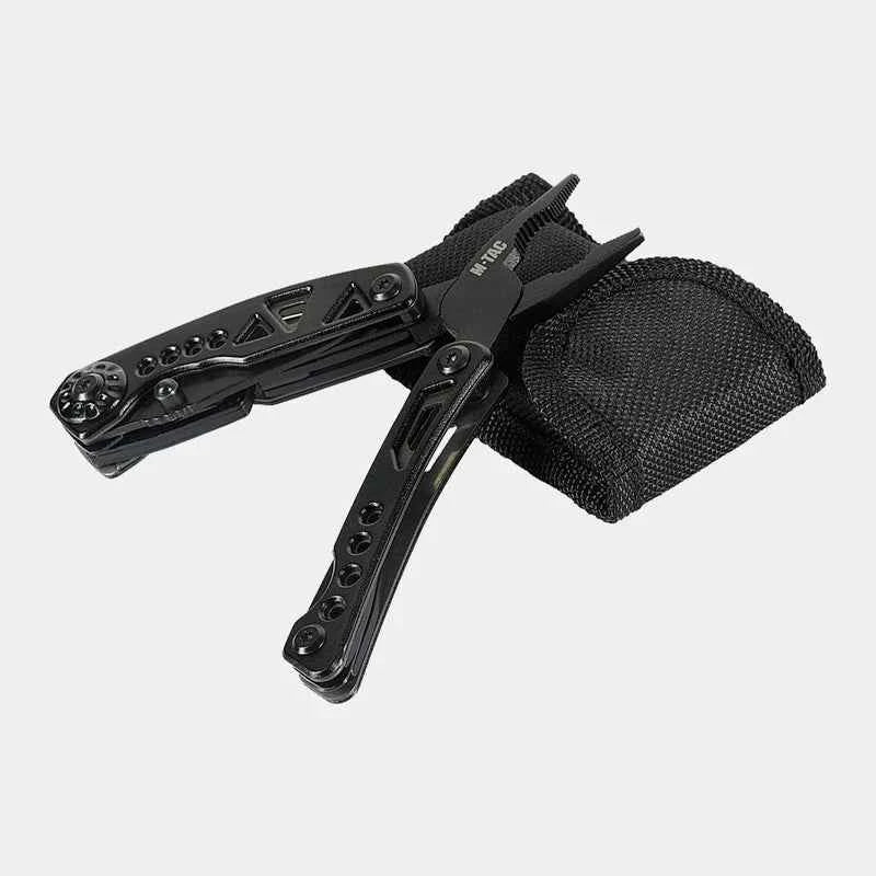 Multiherramienta M-TAC negra con funda de tela y herramientas plegables