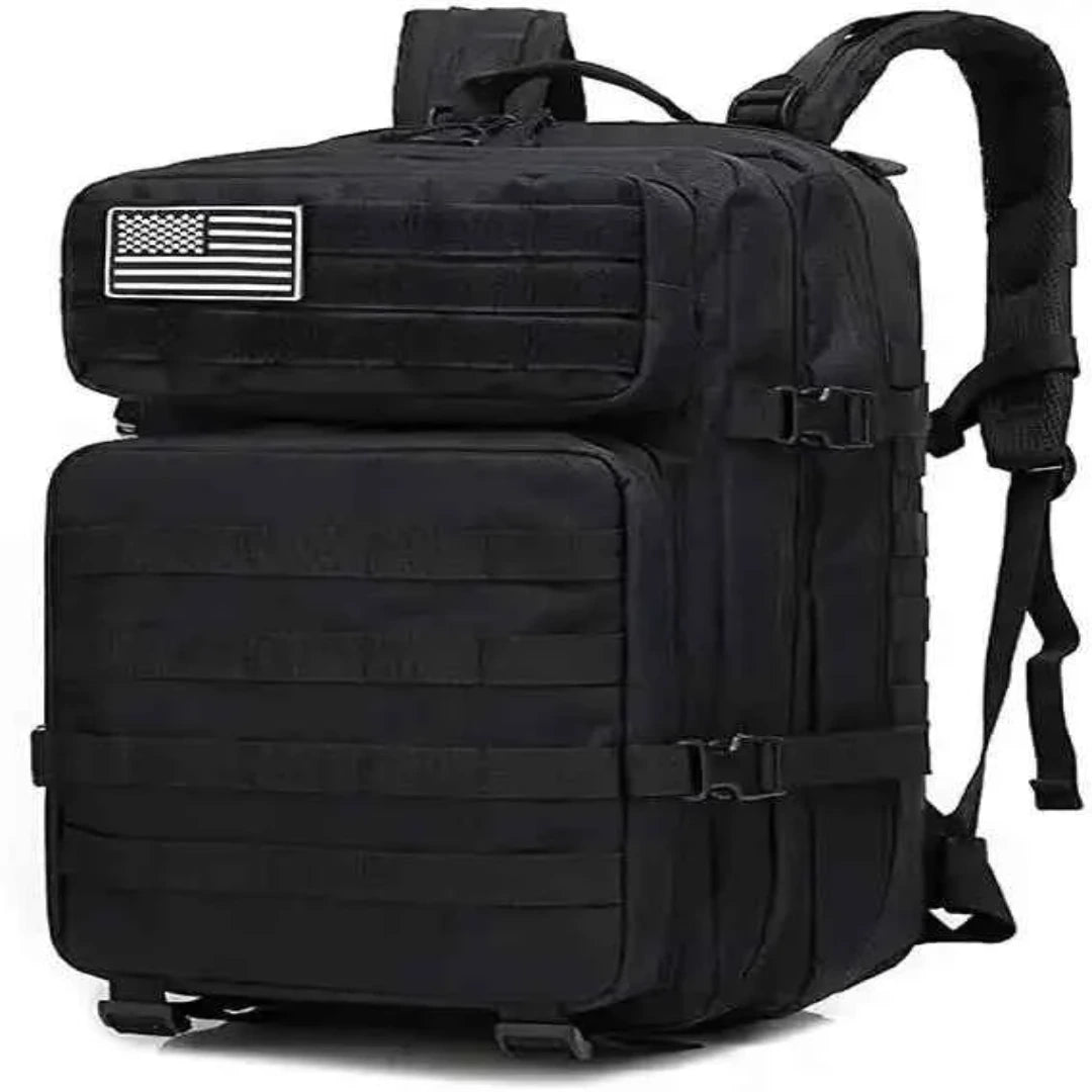 Mochila táctica negra de 45 L con panel frontal y correas ajustables