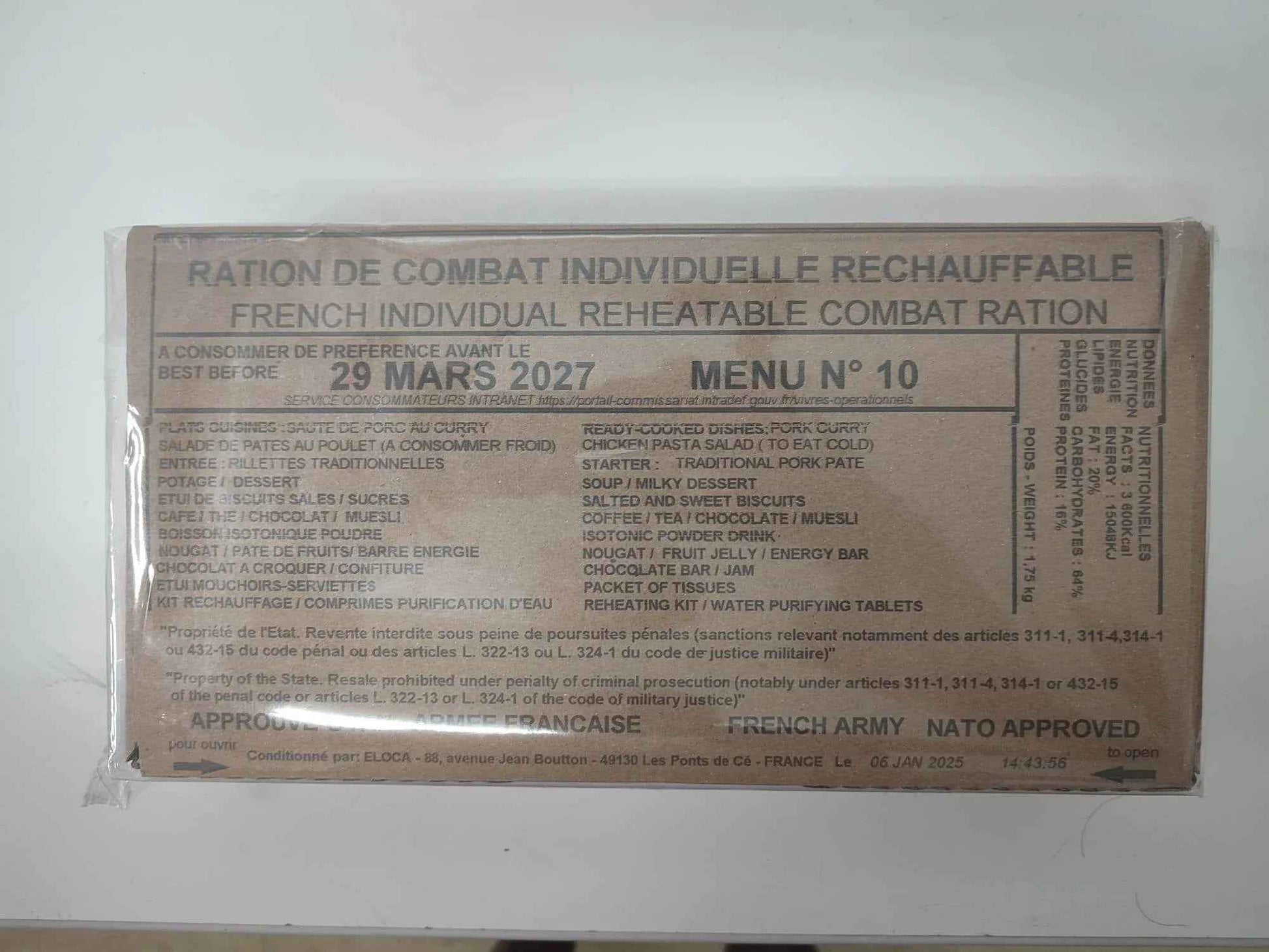 Ración militar recalentable en caja, etiqueta Menú N.º 10