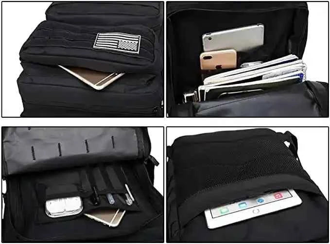 Mochila táctica negra abierta: bolsillo superior y compartimento con tablet y tarjetas.