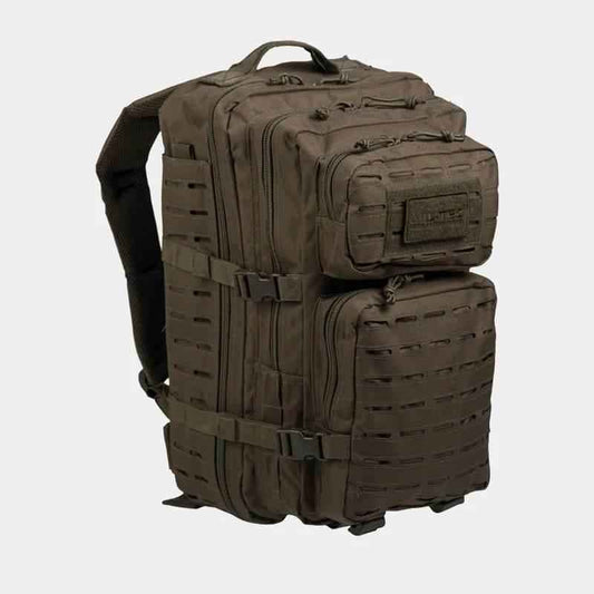Mochila táctica verde oliva con panel MOLLE frontal y dos bolsillos con cremallera