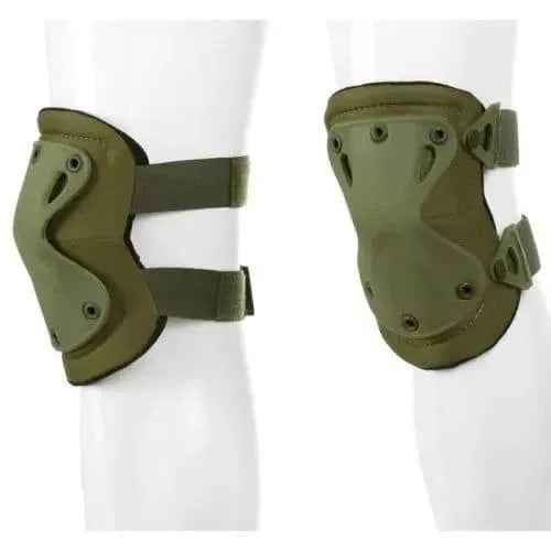 Rodilleras color verde oliva con placas rígidas y correas anchas para ajuste en la pierna