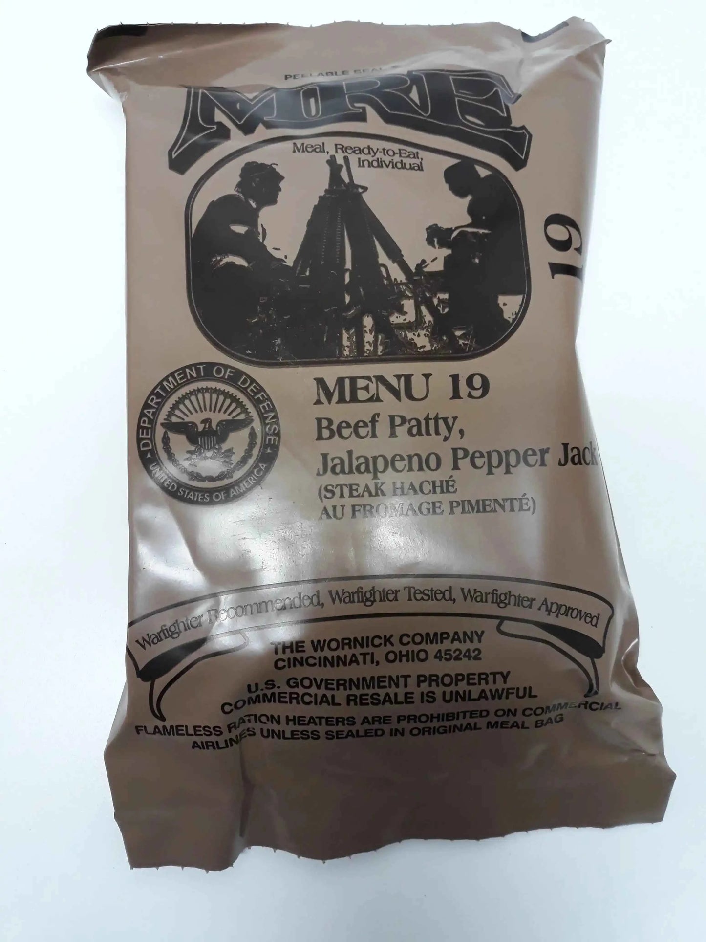 Bolsa MRE Menu 19: hamburguesa de res con jalapeño y queso Pepper Jack.