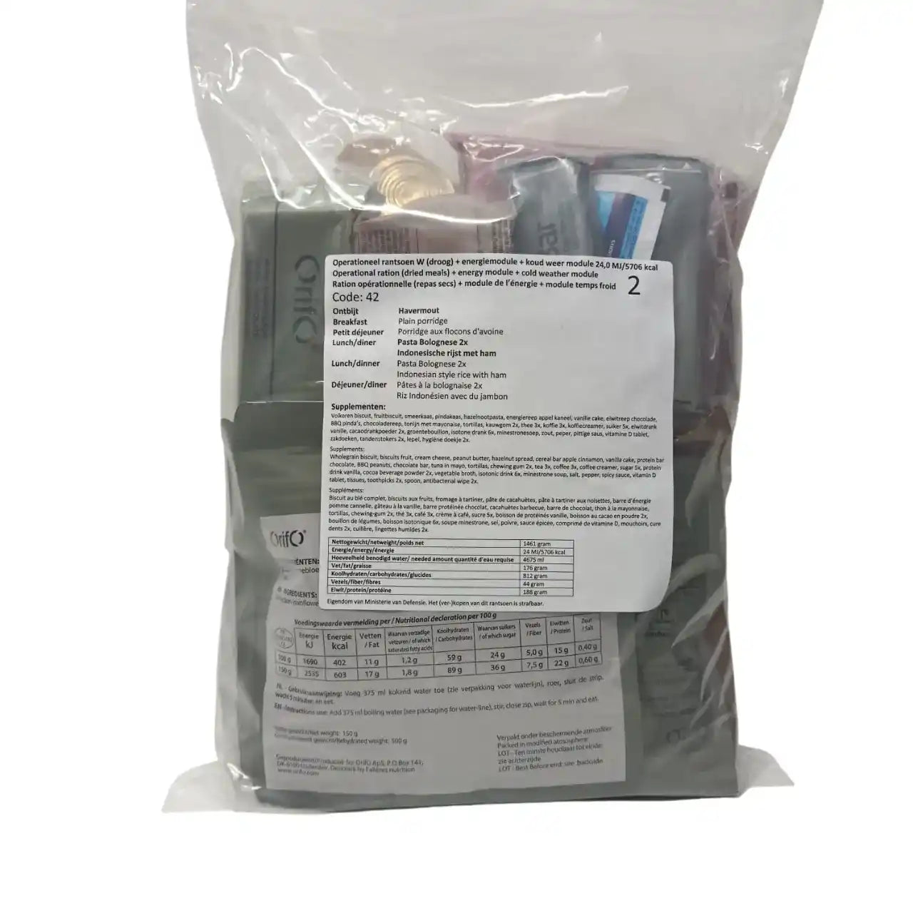 Ración operacional en bolsa con etiqueta informativa y numeración visible