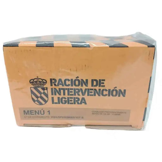 Caja de ración naranja UME con ventana de plástico y texto frontal