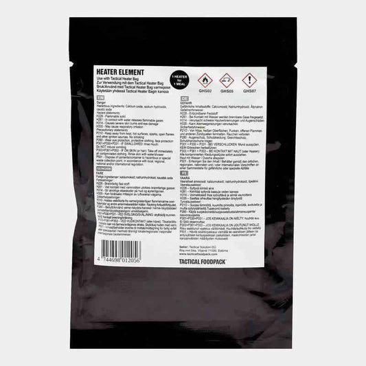 Activador para bolsa calentadora Tactical Foodpack: etiqueta y especificaciones en empaque