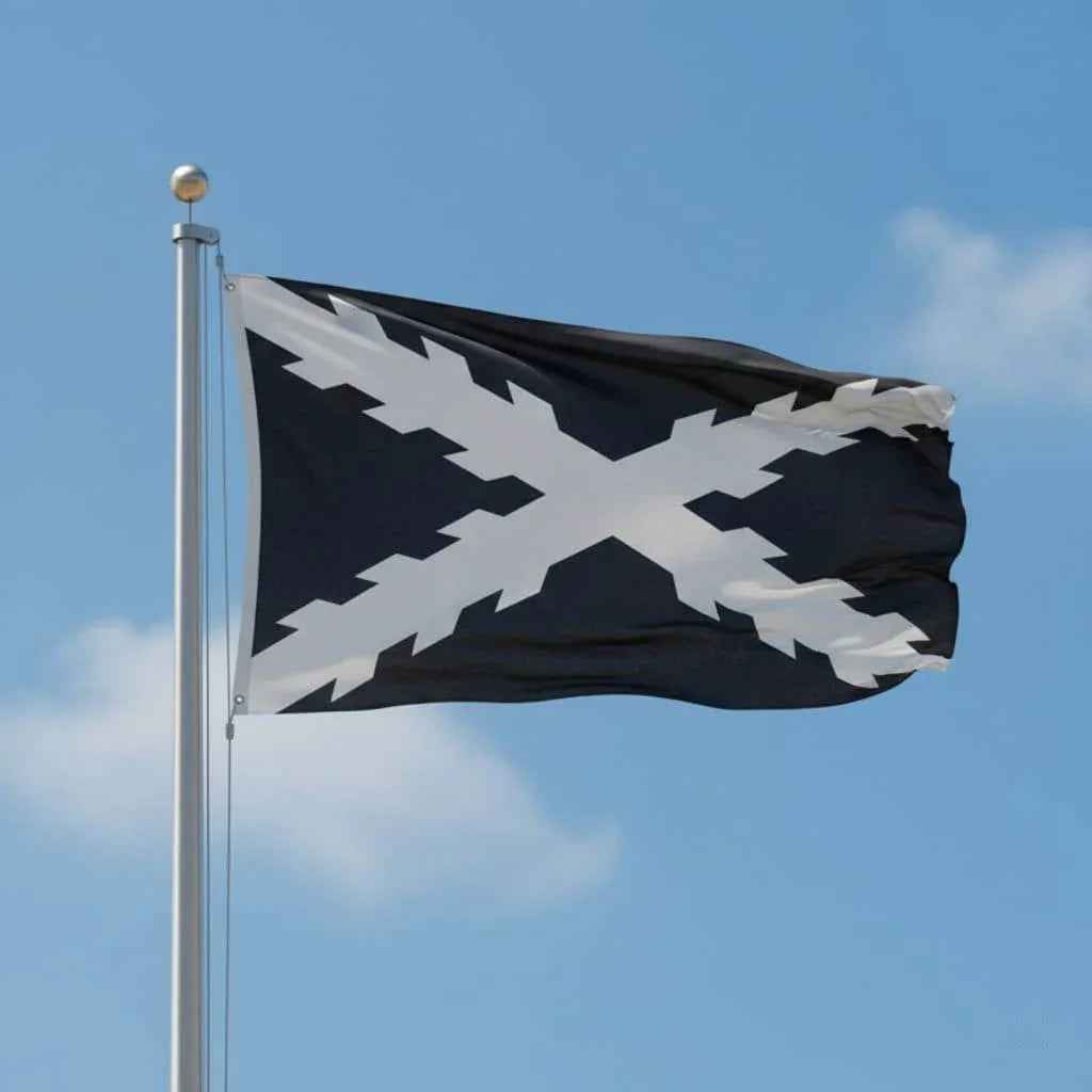 Bandera negra con cruz de Borgoña blanca sobre asta metálica