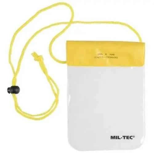 Bolsa impermeable Mil-Tec blanca con tapa amarilla y cordón ajustable, logo MIL-TEC