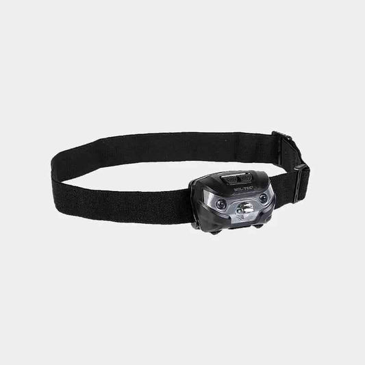 Linterna frontal LED con diadema negra y faro compacto gris/plateado