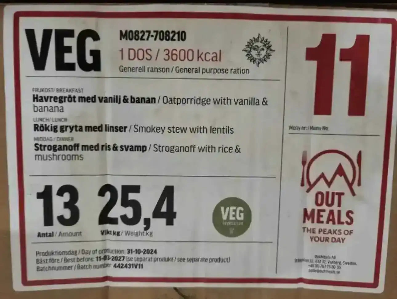 Bandeja MRE vegetariana VEG 11 con menú 1 dos raciones 3600 kcal, etiqueta verde.