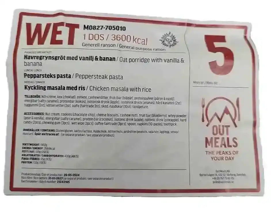 Bandeja MRE húmeda WET 5 con menú 1 dos raciones 3600 kcal, envase rojo.