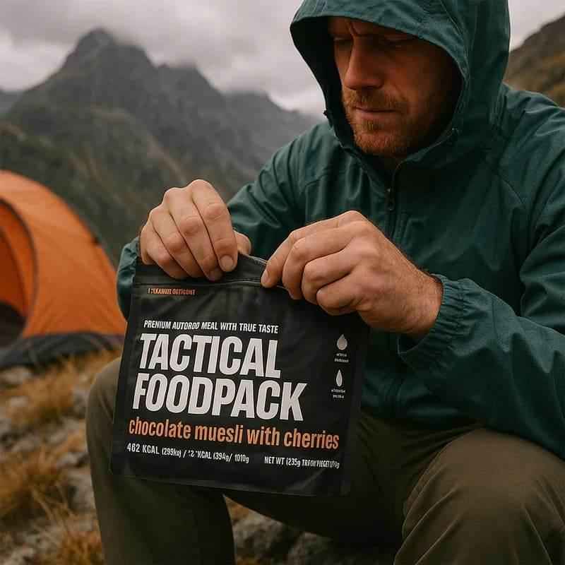Bolsa de muesli con chocolate y cerezas Tactical Foodpack sostenida por una persona