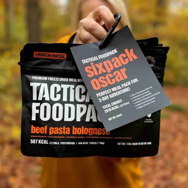 Bolsa de comida Tactical Foodpack Sixpack Oscar con beef pasta bolognese y soporte