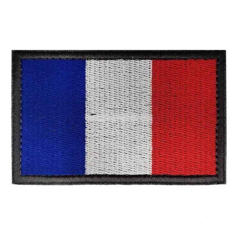 Parche de bandera de Francia rectangular con borde negro y franjas verticales azul-blanco-rojo