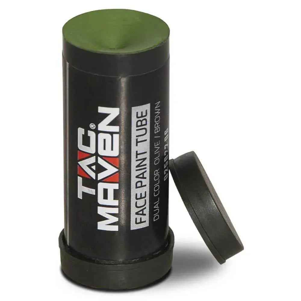 Barra de pintura facial cilíndrica negra con tapa verde oliva y tapa negra separada.