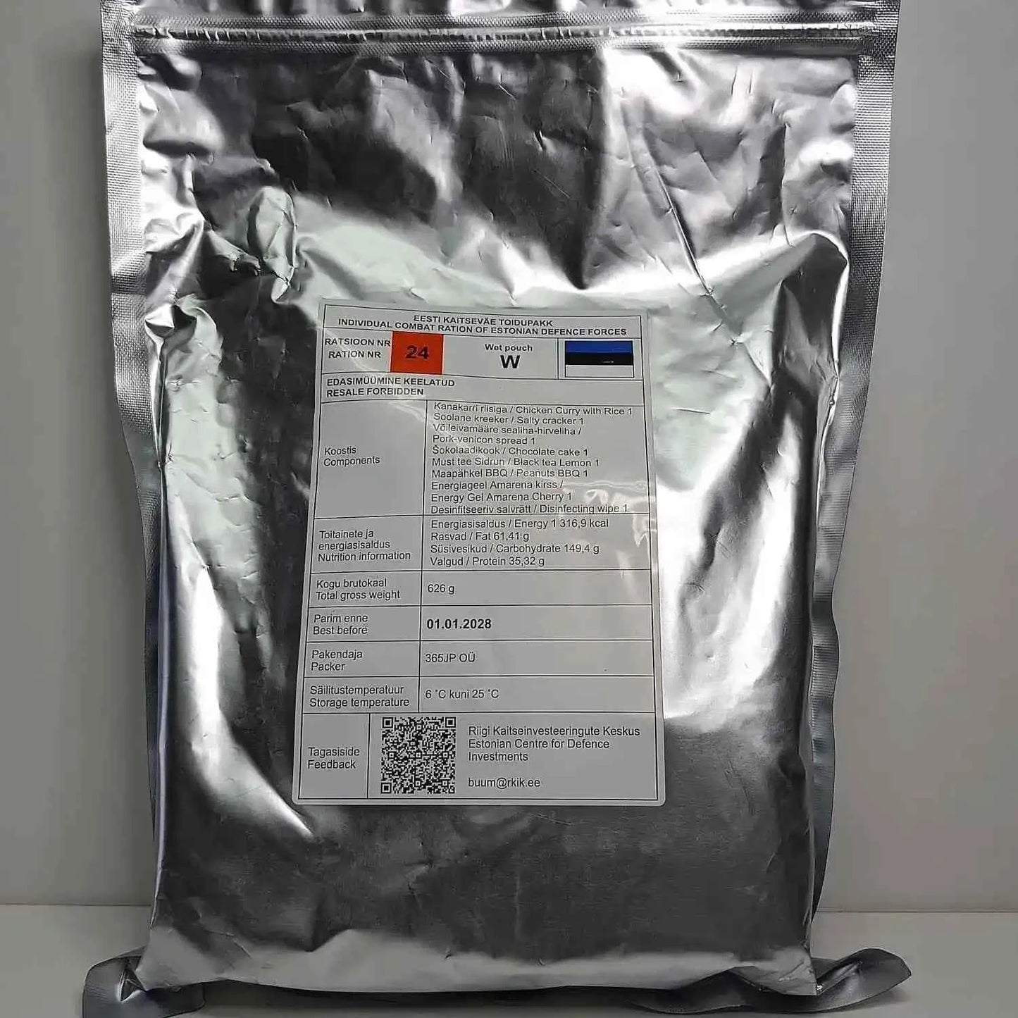 Bolsa de ración de combate individual plateada con etiqueta y opción 24