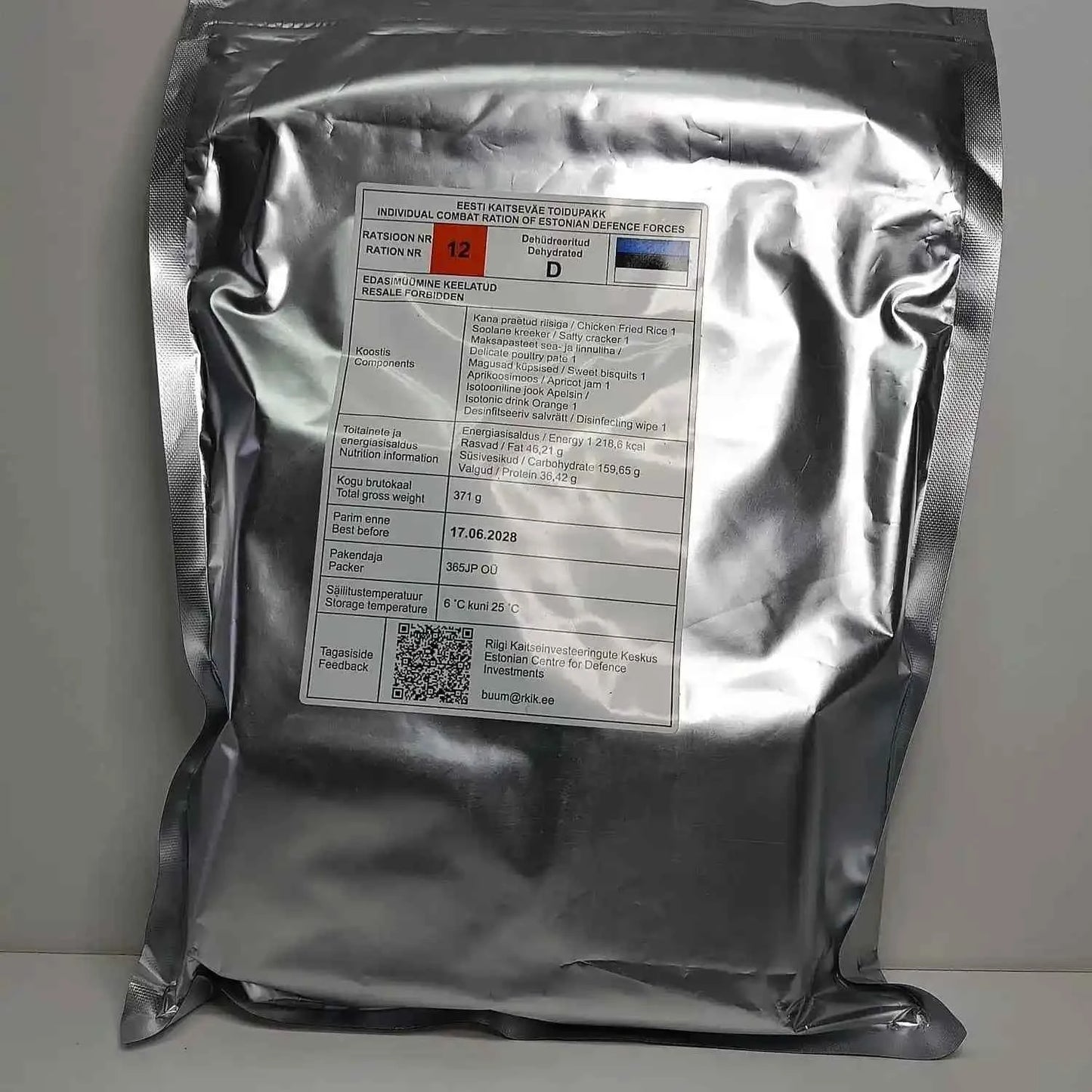 Bolsa de ración de combate individual plateada con etiqueta y opción 12