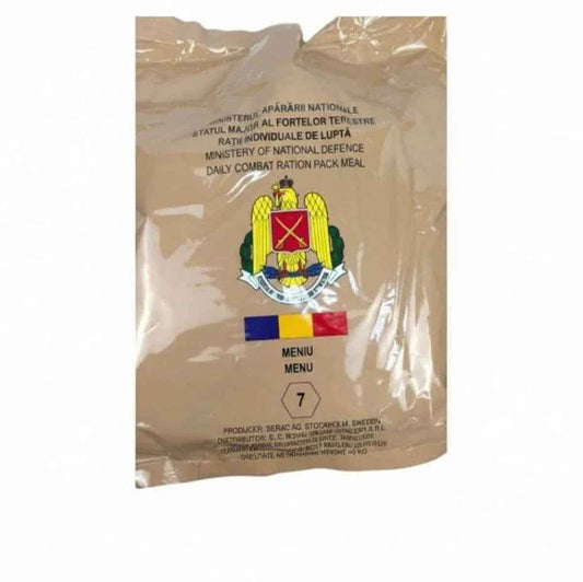 Ración militar rumana 24 horas en bolsa marrón con emblema y sello de menú 7